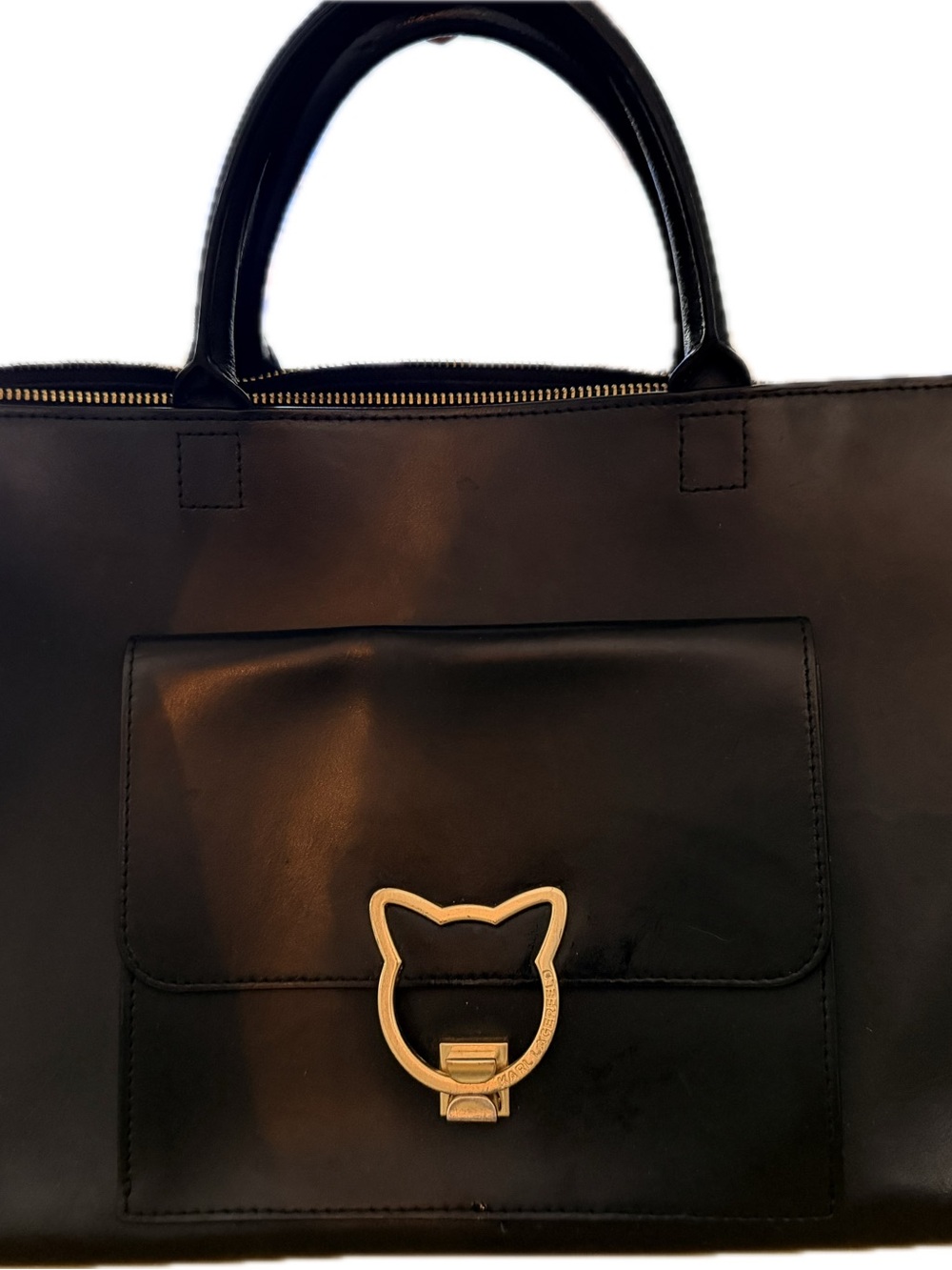 Karl Lagerfeld Black Leather Tote with Gold Cat Hardware